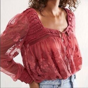 Free People Pink Lace Embroidered Sheer Bodysuit size Small
